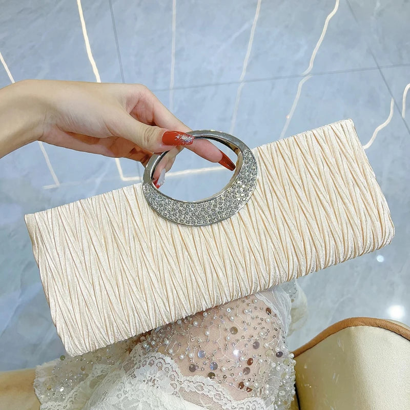 New Designer Elegant Crystals Handle Ladies Bridal Purse Handbag Long Size Pleated Stylish Party Evening Clutch Bag for Women