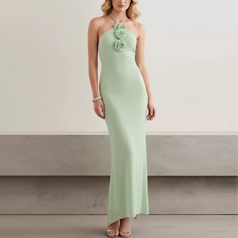 Brand Customization Elegant Design 3D Flower Design Elegant Halter Neck Annual Mesh  Party Dinner Dress Fishtail Dress