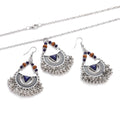 Indian Ethnic Silver Color Carved Round Earring Crescent Bell Tassel Drop for Engagements and Weddings Necklace Set