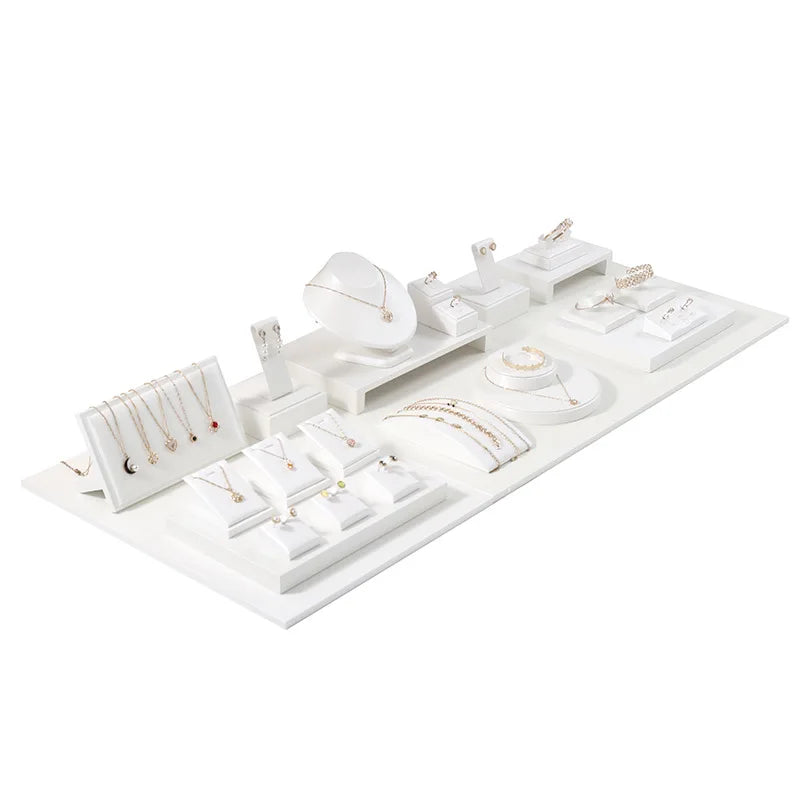 Custom Design Luxury Classic White PU Leather Jewelry Display Stand for Earrings Ring Necklace Ivory Jewelry Display Set