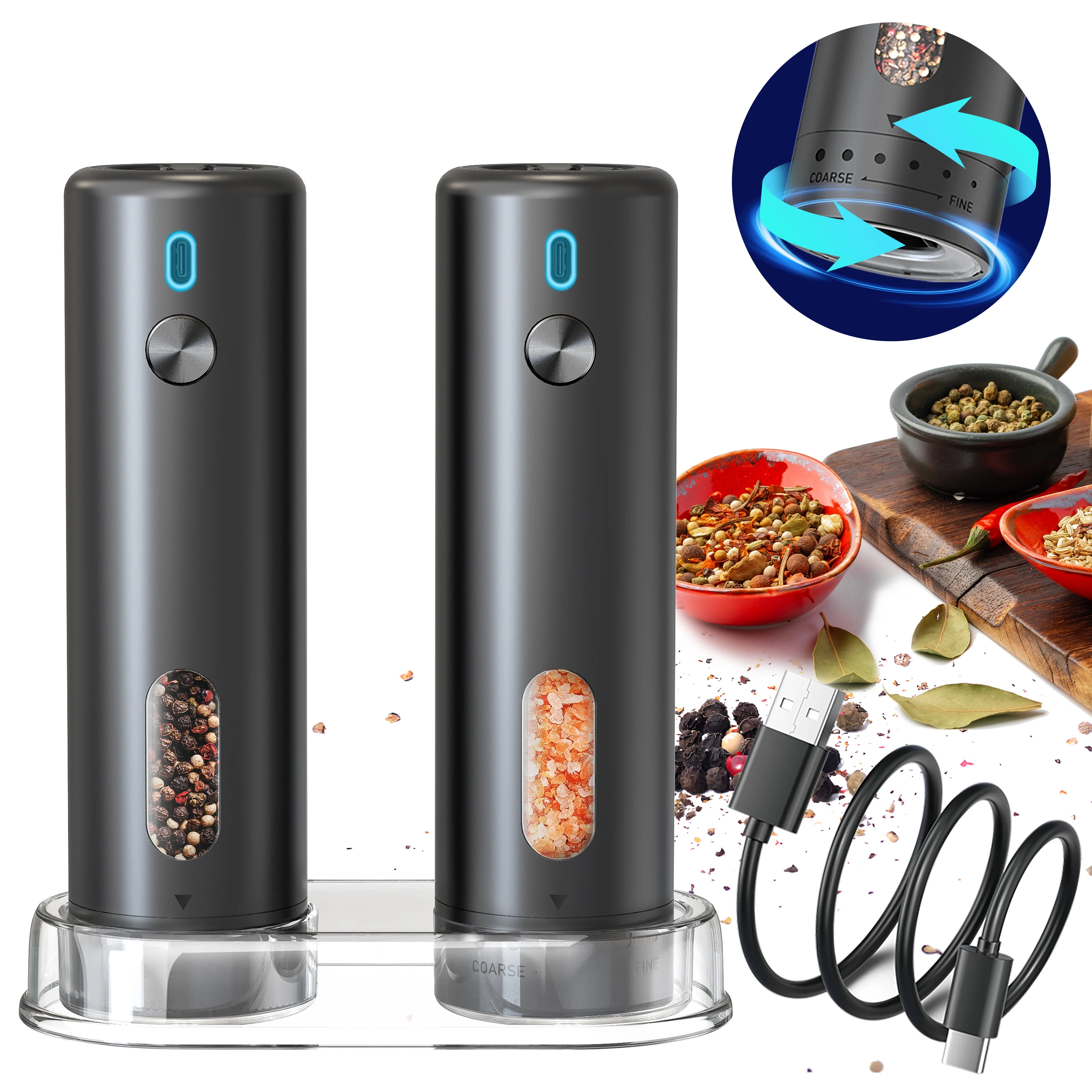 MUYI RTS New Design Eco-Friendly Plastic External Adjustable Electric Rechargeable Salt Pepper Grinder Set with Base