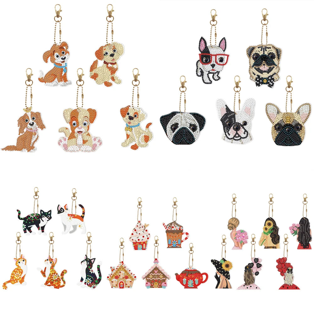New Arrival Diamond Painting Keychain Kit Crystal Diamond Cute Cat Dog Dessert House Flower Girl Keyring Pendant Decor