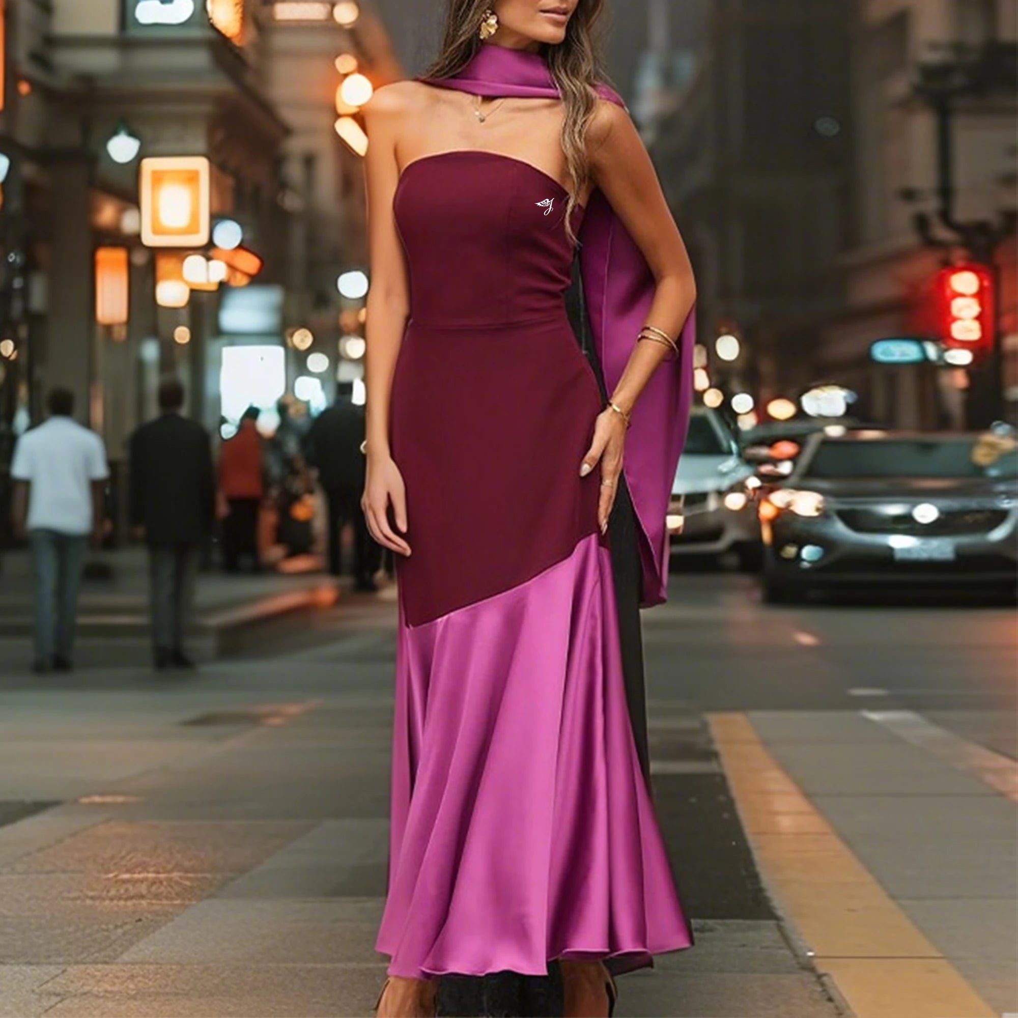 Custom Brand European American Elegant A-Line Tube Top Party Dress for Spring Summer Contrast Color Floor-Length Gown