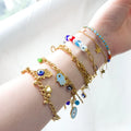 G2097 Wholesale Turkish Devil's Eye Charm Bracelet Gold Plated Stainless Steel Hamsa Hand Devil Eyes Bracelets