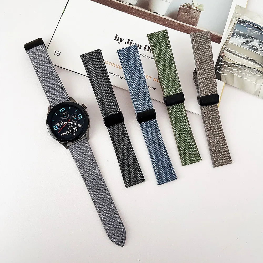 Denim Canvas Leather Hybrid Watch Band 20/22MM Replacement Strap Magnetic Clasp Adjustable Wristband for Samsung Galaxy Watch