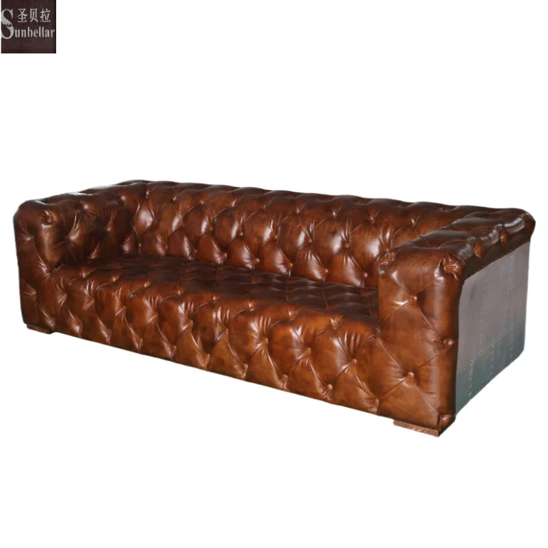 Customized Aviation Three Seat Chesterfield Sofa Aluminium Back Tufted Brown Leather Fully ButtonsLoft Hotel Apartment