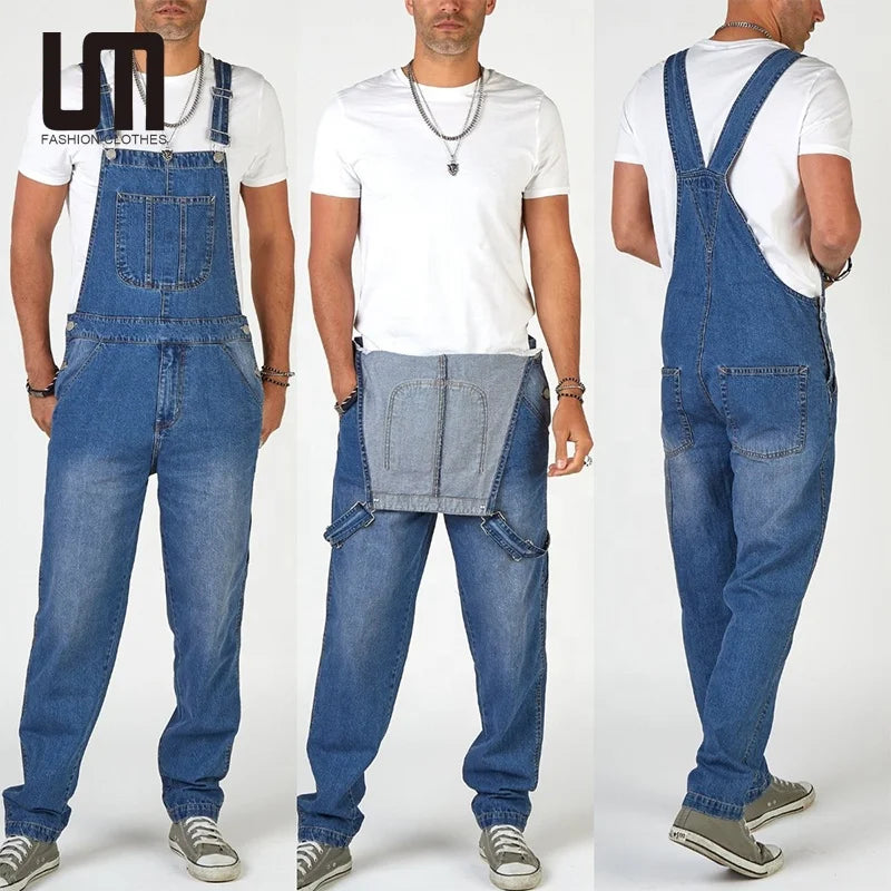OEM Service Wholesale Hot Selling Trending Men Casual Denim Overalls Plus Size 3XL Straight Jeans Jumpsuit