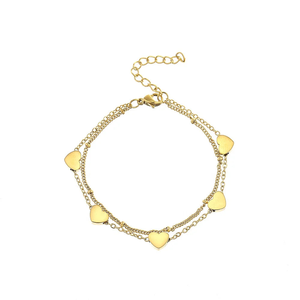 Women's Dual-Layer Stainless Steel Heart Love Bead Chain Charm Bracelet Gold Plated Trendy Fashionable Gift Mother's Day QYRY