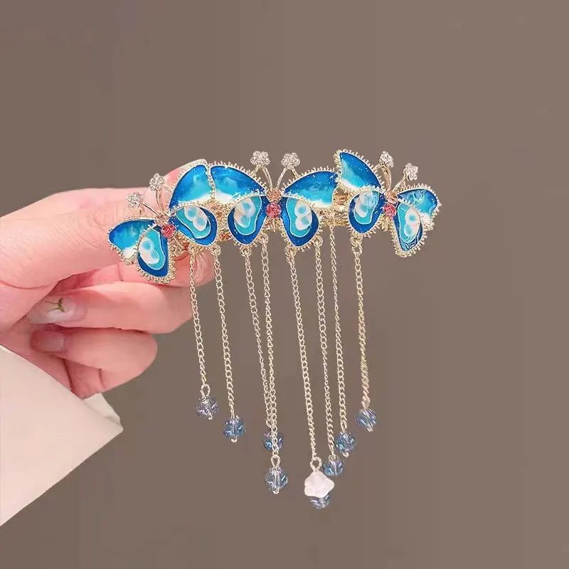Women's Hair Accessories Spring Clip Head Ornament Rhinestone Barrette with Blue Butterfly Tassel Hairpin Made of Durable Metal
