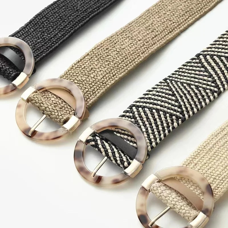 Dress PP Grass Waistband Skinny Elastic Waist Belt Stretch Retro Plastic Buckle Bohemian Cotton Linen Woven Straw Women's Belt