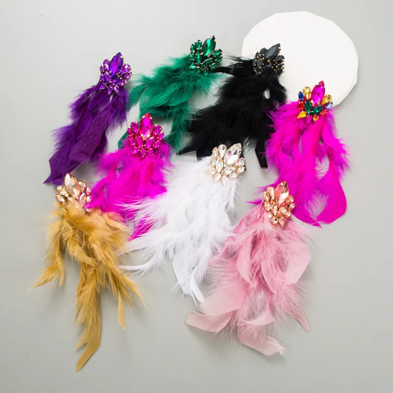 Risingmoon Garment Accessory Beading Applique Earring Shiny Vintage Rhinestone Long Tassel Feathers Earrings for Party Women