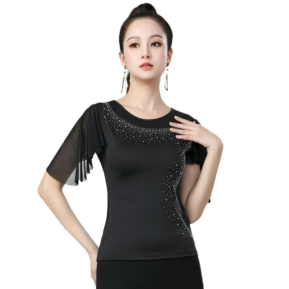 Short-Sleeved O-Neck T-Shirt Blouse Shiny Rhinestone Detail for International Latin Ballroom Dance Training Dancewear Top