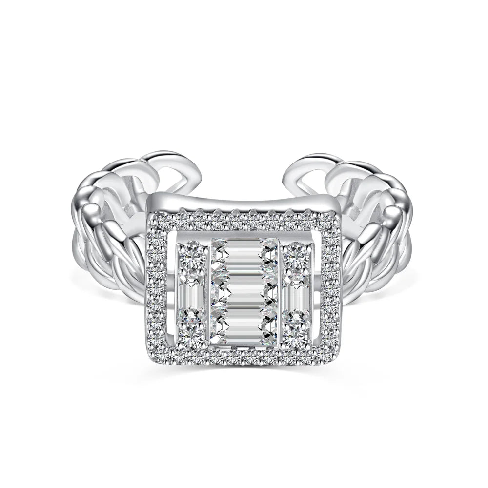 Dylam Striking Fine Fashionable Jewelry Solid Sterling Silver Rhodium Plated Wide Baguette 5A Cubic Zirconia Open Rings