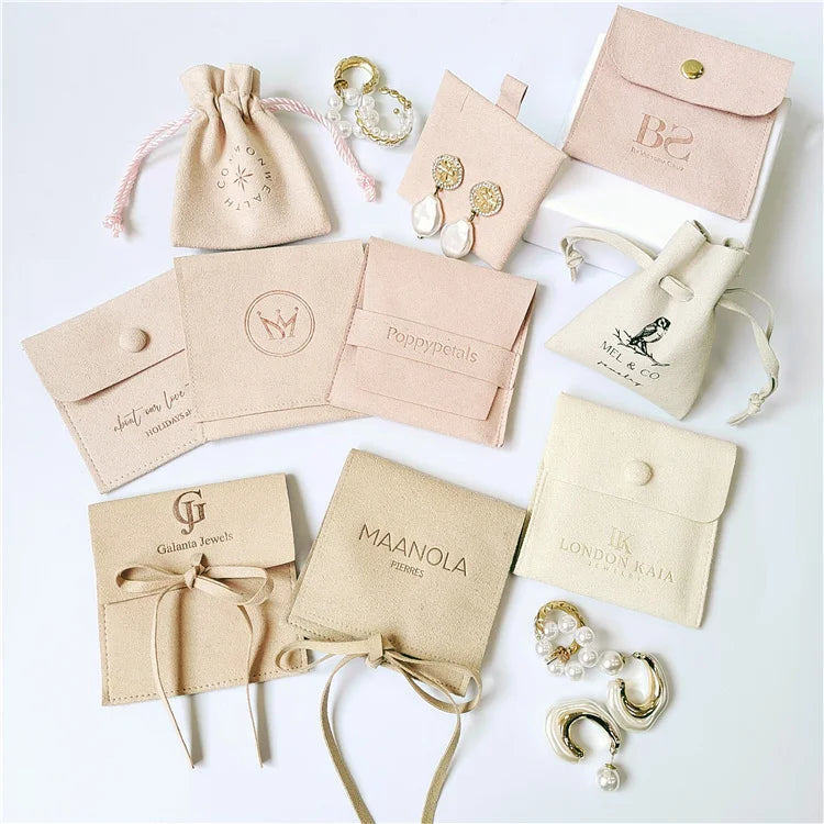 CH Custom Logo Jewelry Packing Bags Suede Microfiber Small Envelope Flap Jewelry Pouch with Insert Pad Drawstring Jewelry Pouch