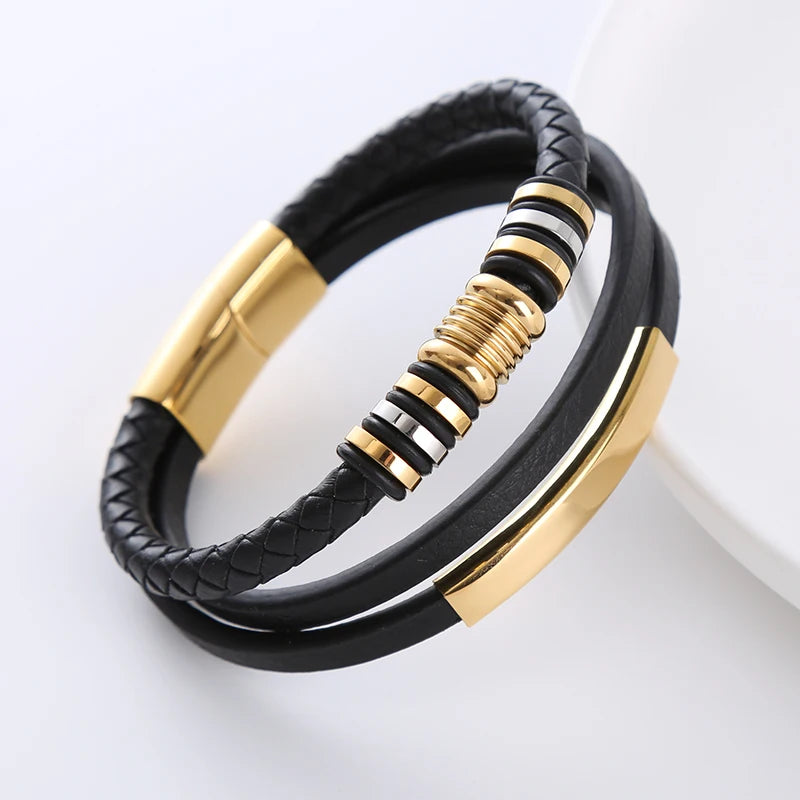 Fashion Jewellery Wholesale Stainless Steel 18k Gold Plated Blank bar Men Leather Bracelet