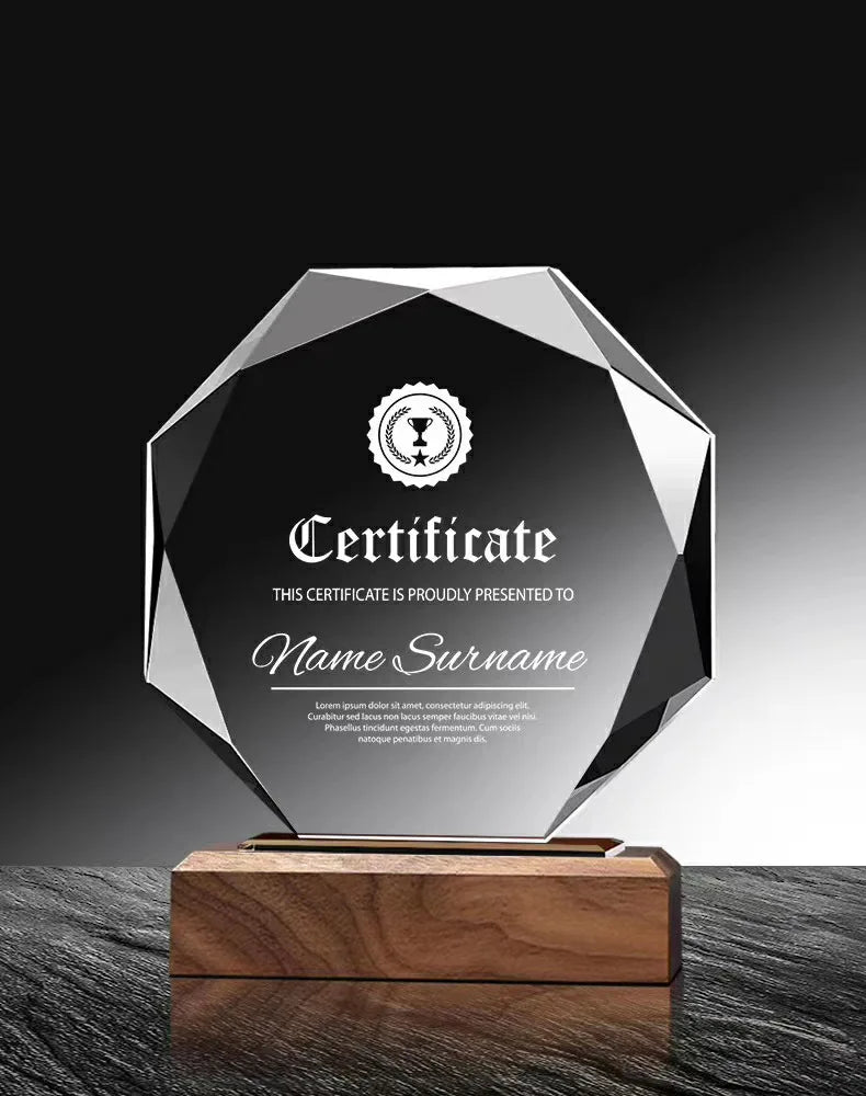Wholesale Optical Glass Medal Award Trophies Wooden Base Crystal Trophy Blank for Personalized Souvenirs Gifts