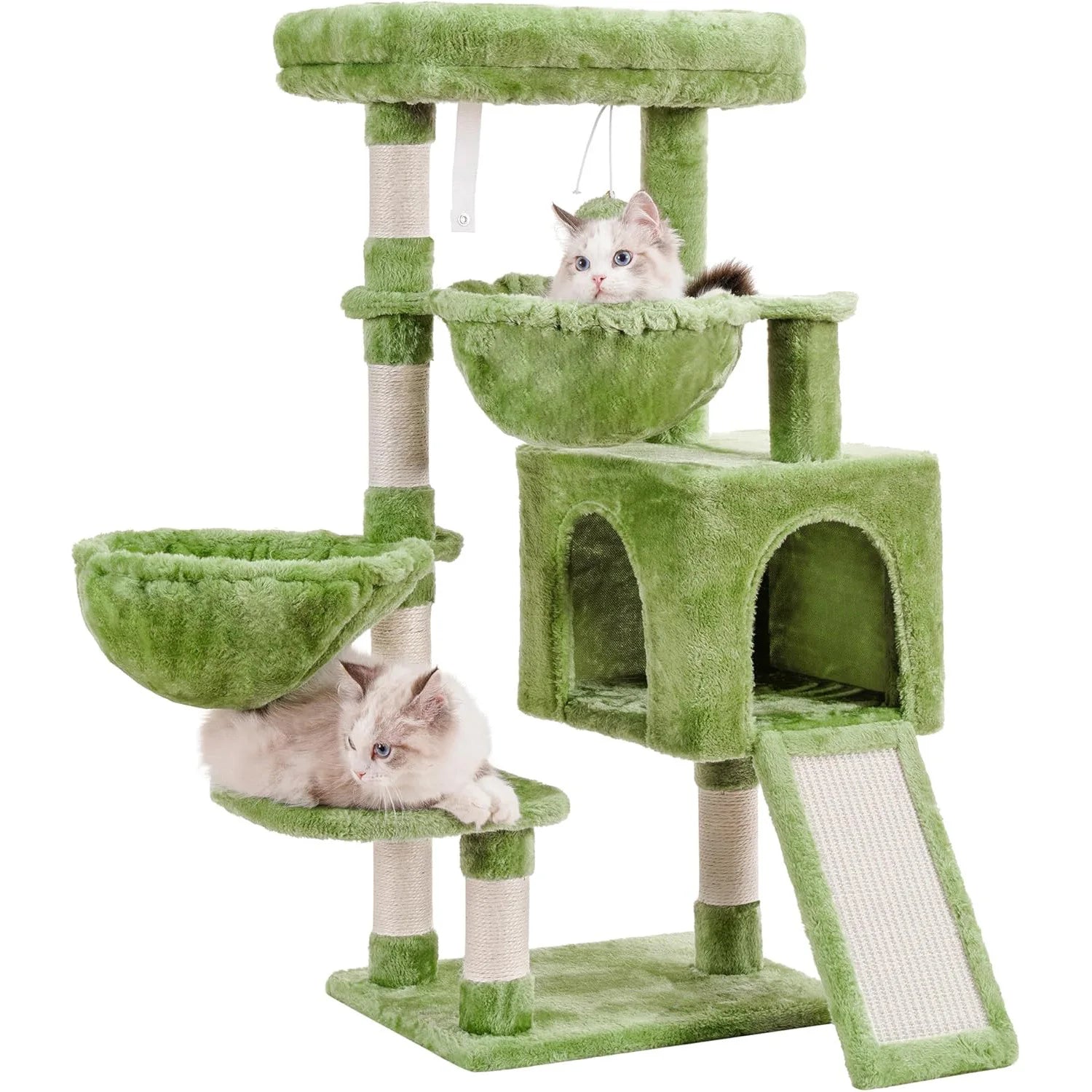 Large Green Cat Tree Tower Cozy Cat House with Padded Bed Condo Hammocks Sisal Scratching Posts Modern Cute Classic Style