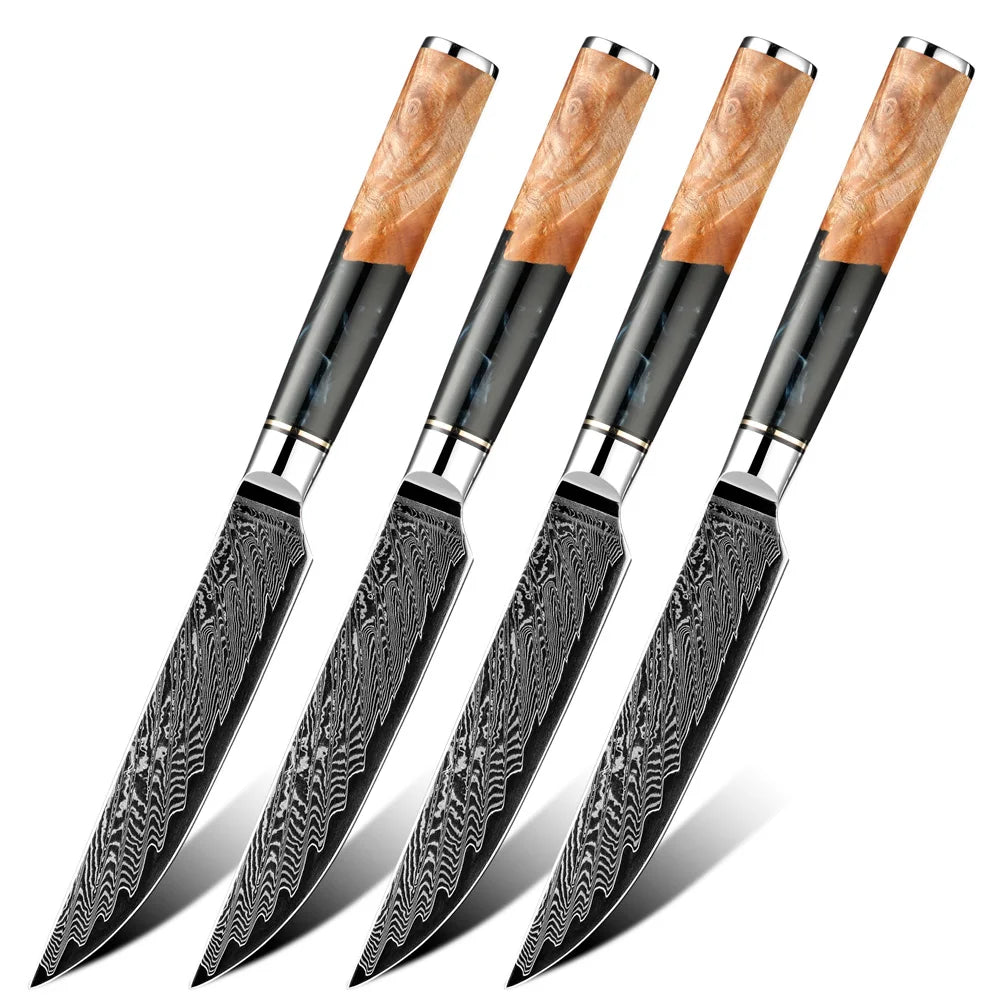 High-end Damascus Steak Knives Kitchen Damascus Steel 4 Pcs Steak Knife Set With Wood Handle Restaurants Home