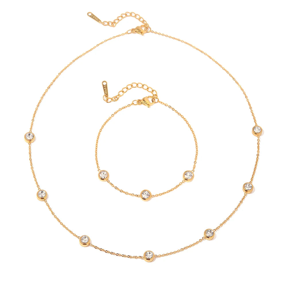Waterproof 18K Gold Plated Stainless Steel Bracelet Jewelry Set Mulit Round Cubic Zirconia Choker Necklace