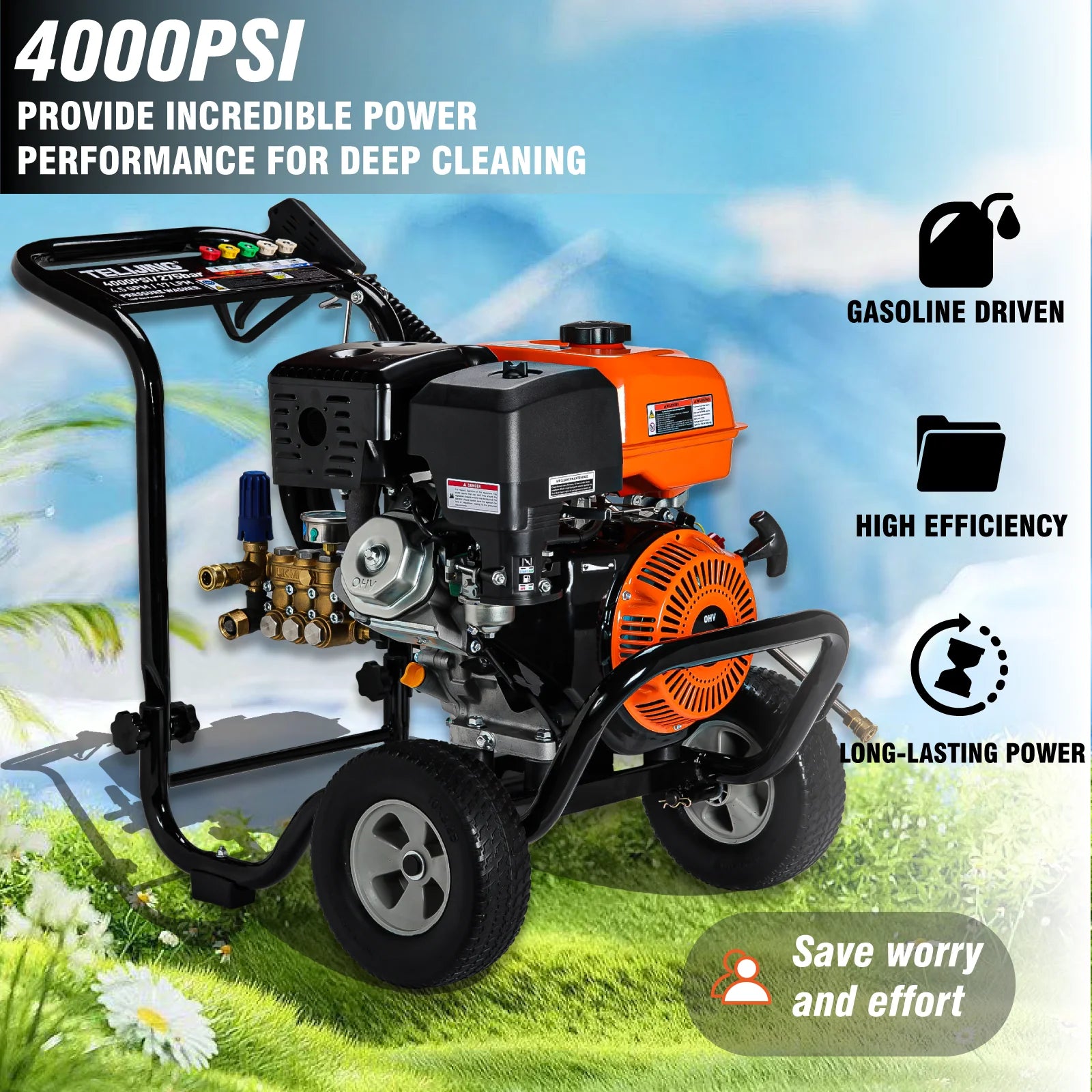 Hand Start AR Pressure Pump Gasoline High Pressure Washer 4000PSI/275Bar 190F 420cc Portable Petrol Cleaner for Park Garden Car