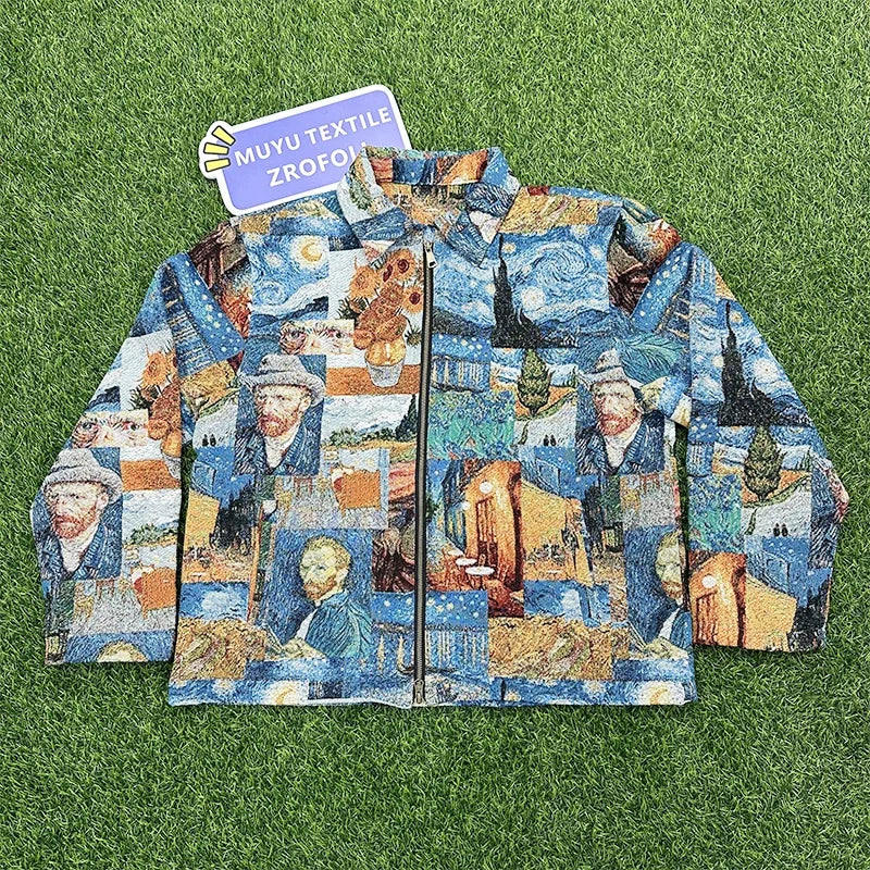 Van Gogh Series High Street Style Breathable Eco-Friendly Jacquard Woven Customizable Zipper Men's Tapestry Jacket