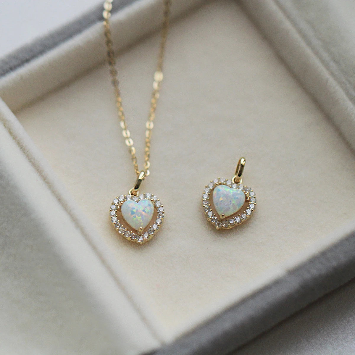 Trendy 14K Gold Plated Opal 925 Sterling Silver Heart Pendant Necklace
