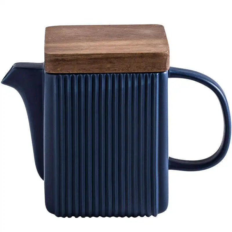 Custom Logo Square Straight Grain Coffee Cup Set With Wood Cover Creative Ceramic Tea Set With Saucer