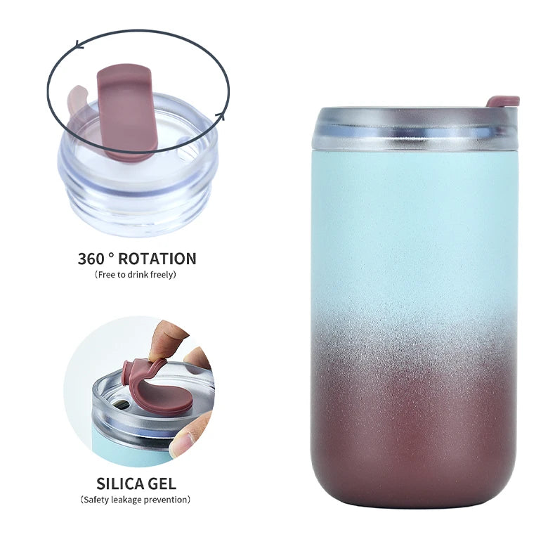 Stainless Steel Coffee Tumbler 300/400ml Insulated Mug with Gradient Color Double Wall & Leak-Proof Transparent Lid