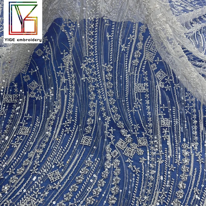 French White Bridal Beaded Sequins Embroidery Lace Wedding Dress Tulle Beads Lace Fabric