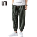 Liu Ming 2025 Men's Summer Casual Cotton Linen Trousers Custom Logo Printed Japanese Style Mid Waist Loose Oversize Plus Size