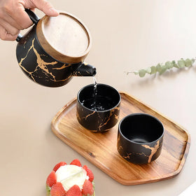 Hot Sale Luxury Modern 4-Piece Tea Cups and Large Ceramic Tea Pot Set with Wooden Tray Marble Tea Service