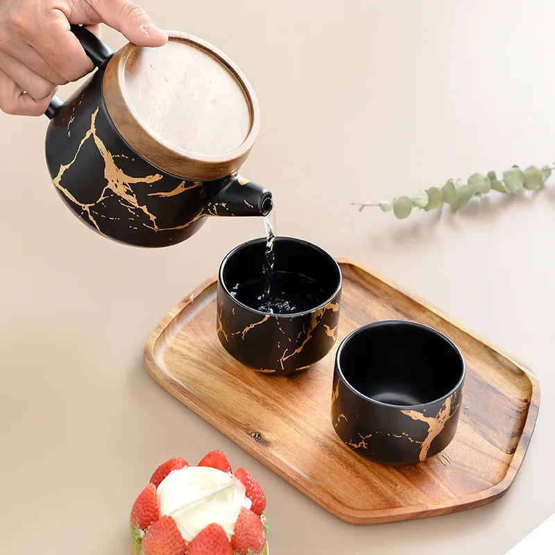 Hot Sale Luxury Modern 4-Piece Tea Cups and Large Ceramic Tea Pot Set with Wooden Tray Marble Tea Service
