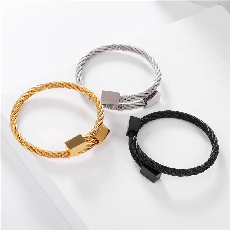 Retro Trendy Cable Winding Three-color Square Couple Chunky Bracelets Wholesale Accessories Stainless Steel Bracelet Women