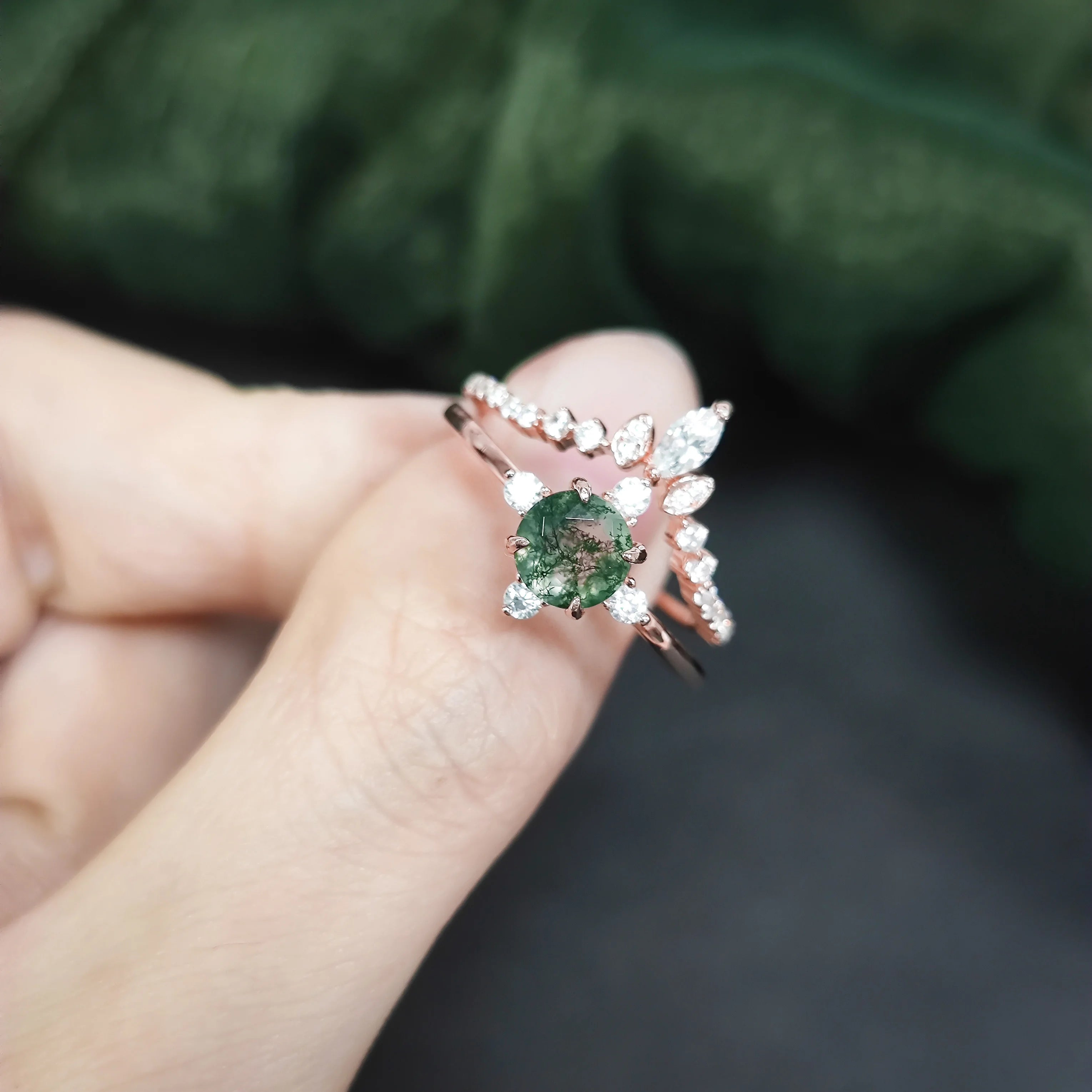 Abiding Good Plating Polishing Women 925 Sterling Silver Green Moss Agate Cute 14K Rose Gold Plated Ring Set  for Girls