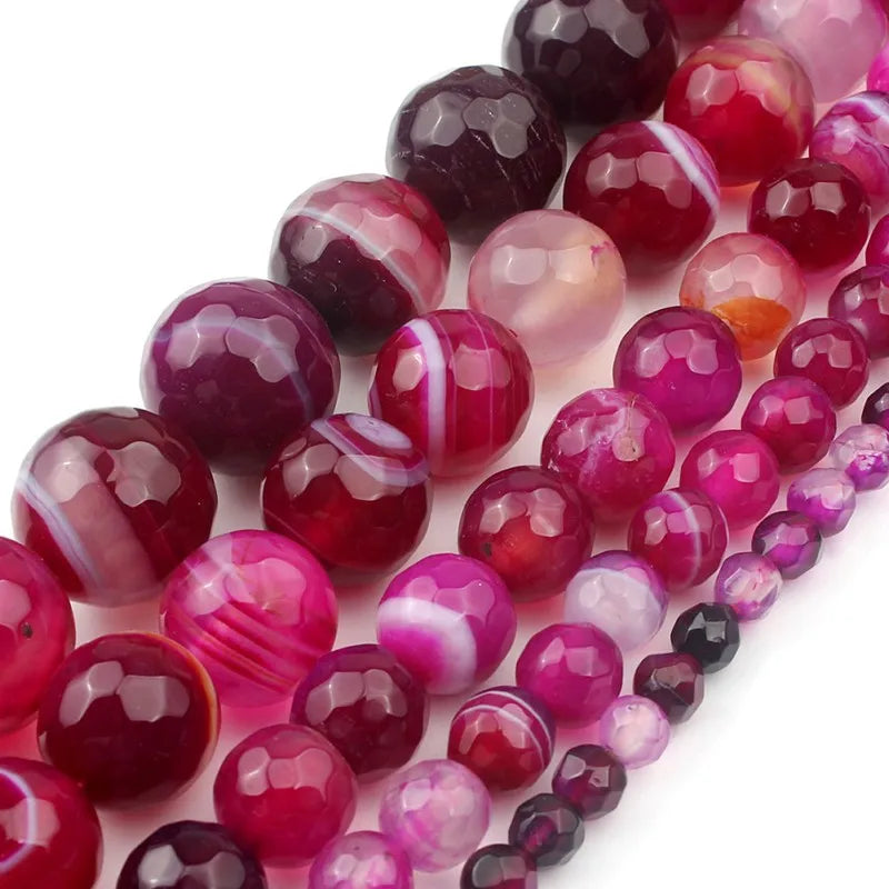 Hot Sale 4/6/8/10/12mm Faceted Fuchsia Striped Agate Natural Semi Gemstone Round Beads for Jewelry Making Diy Bracelet Necklace