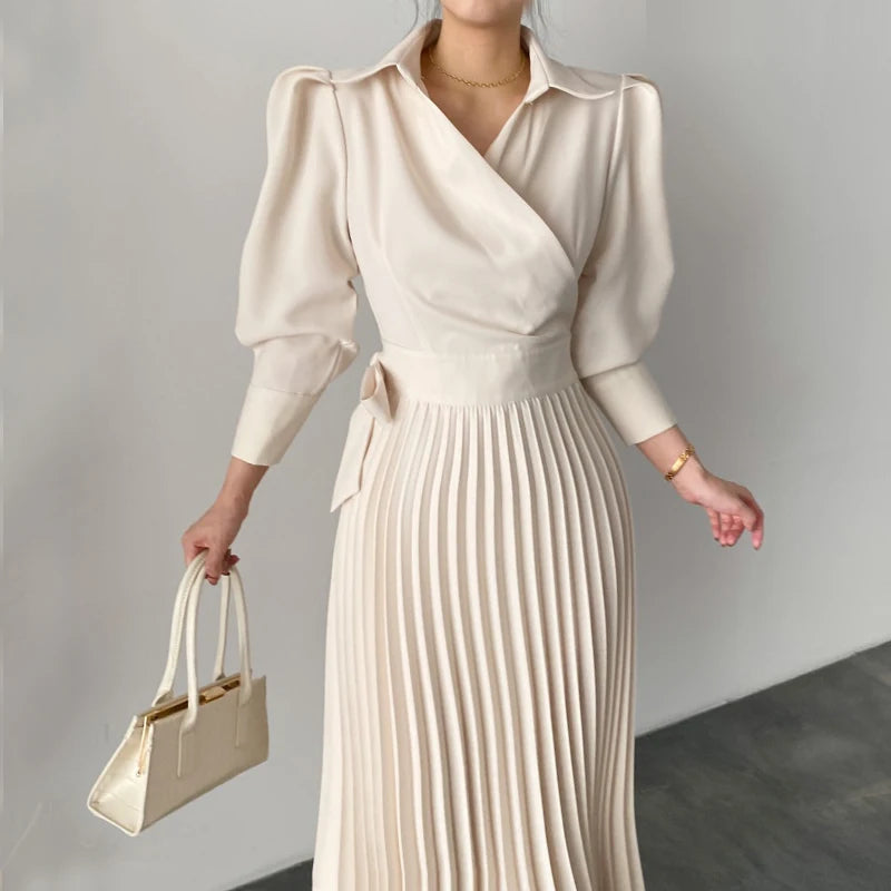 Wholesale 2026 Spring Korean Chic French Elegant Lapel Side Bow Tie Waist Show Thin Bubble Sleeve Pleated Dress