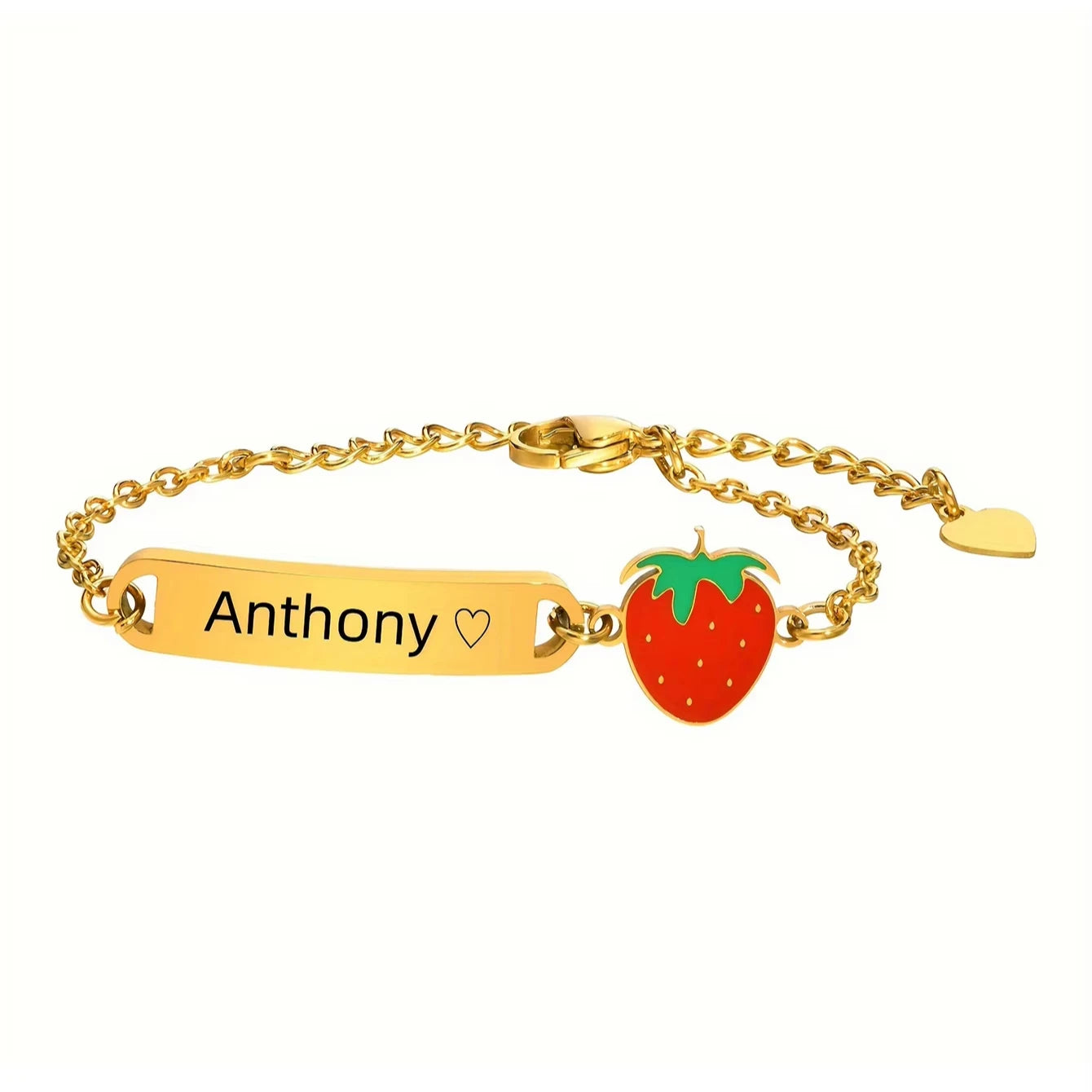 QIUHAN Cute Engraved Customized Name Kids Strawberry Stainless Steel Bracelet