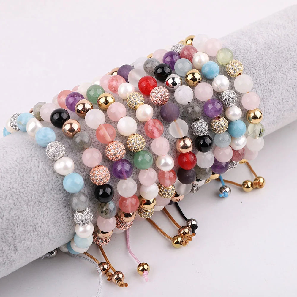 OEM Manufacturer Macrame Bracelet 8mm Gemstone Friendship Bracelet Amethyst Quartz Agate Natural Stone Bracelet for Woman
