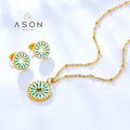 Ason Jewelry Women Zircon Stainless Steel Round Star Cutout Green Oil Drop Earrings Necklace Set 18k PVD Gold Plated Jewelry Set