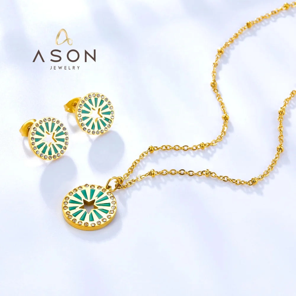 Ason Jewelry Women Zircon Stainless Steel Round Star Cutout Green Oil Drop Earrings Necklace Set 18k PVD Gold Plated Jewelry Set