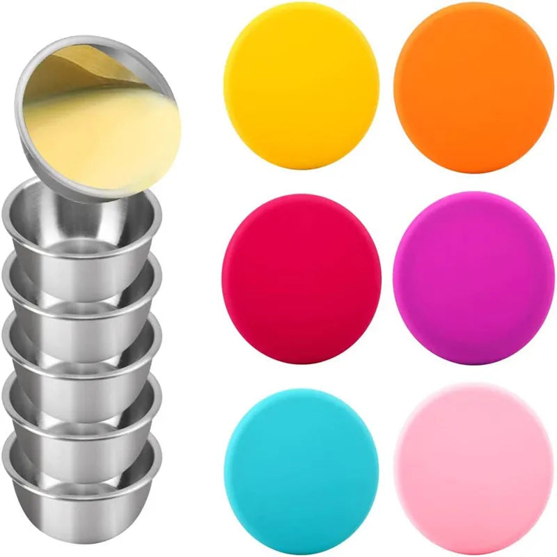 50/90ML SUS304 Polished Multipurpose Seasoning Stainless Steel Kimchi Bowl Heat Proof Season Sauce Dish Cup Color Silicone Lid