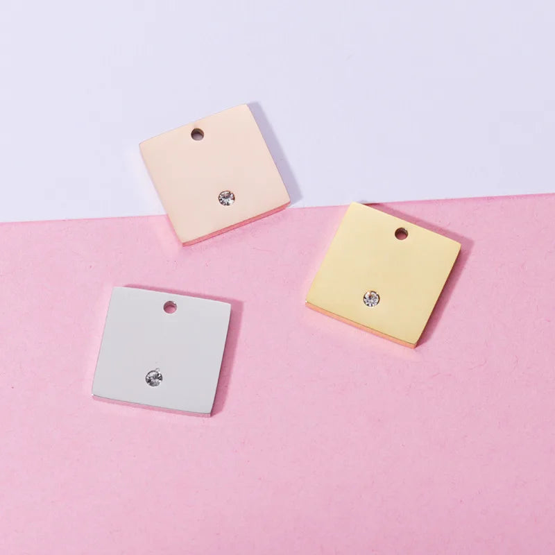 15MM DIYJewelry Finding Accessories Custom Laser Engravable Blank Stainless Steel Square Shape Tag Pendant Charm With One Stone