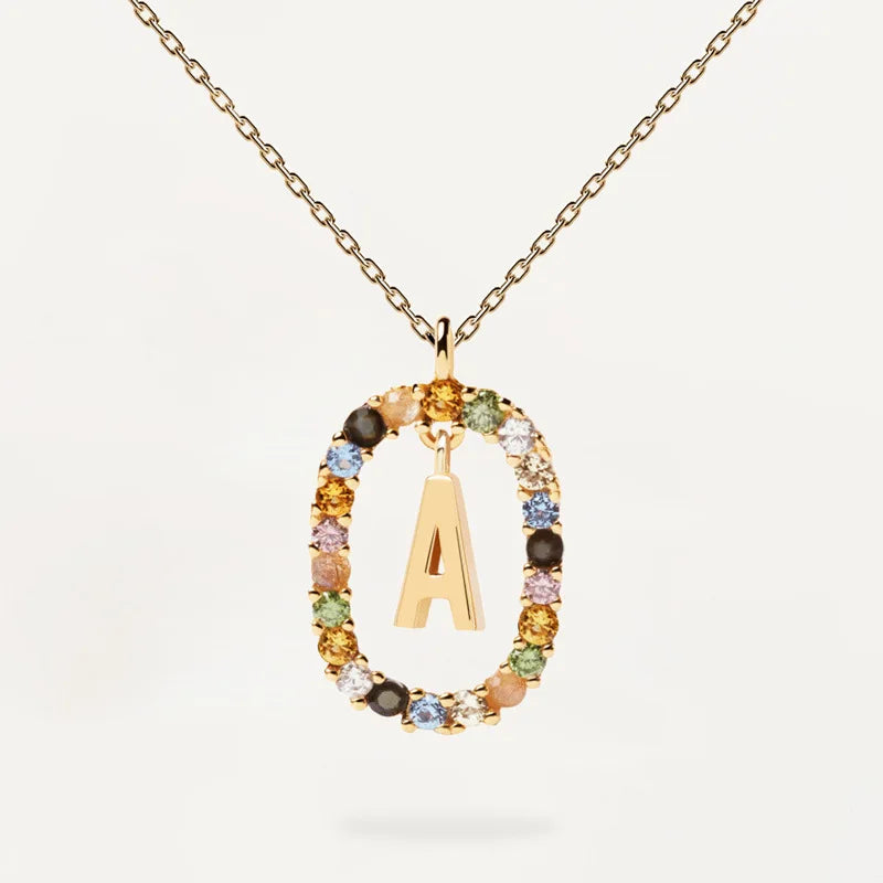 Trendy Spanish Style Initial Necklace with Rainbow Zircon Gold Plated 925 Sterling Silver for Weddings and Engagements