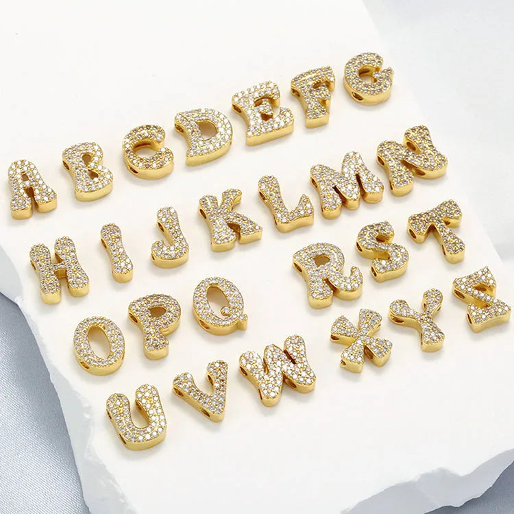 CZ8709 18k Gold Plated Small Retro Bubble CZ Micro Pave Alphabet Initial Letter Charm Bead Pendant