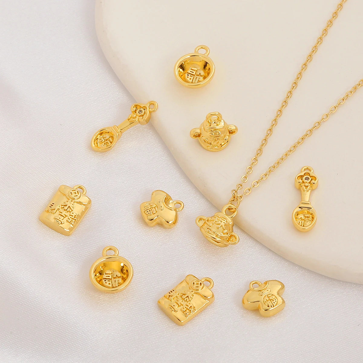 18K Gold Plated Brass Zircon Spacers Chinese Style Round Charms for Jewelry Making Necklace Findings