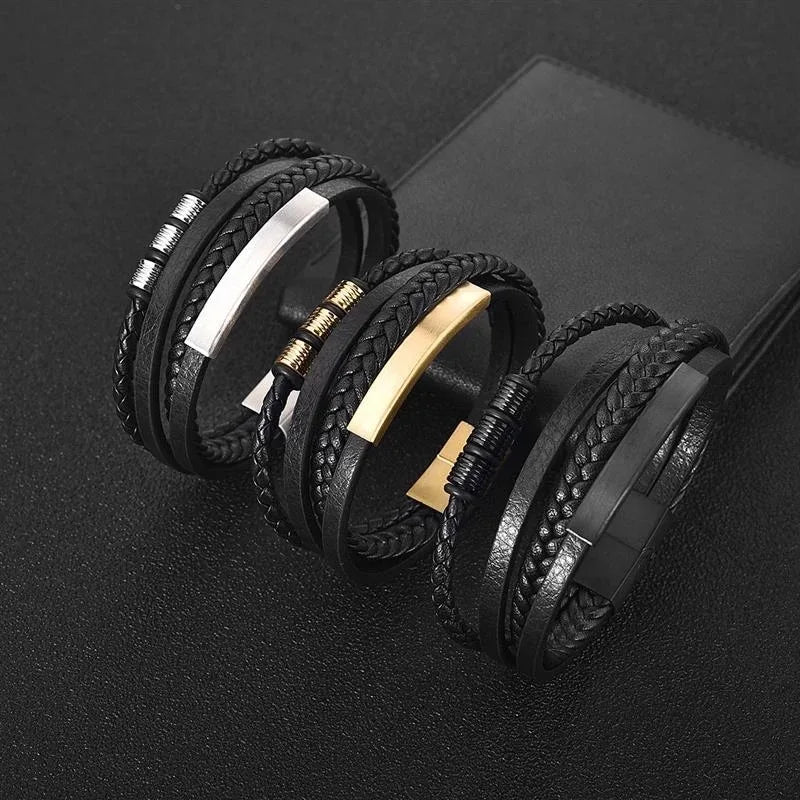 Men's Stylish Multi-Layer Hand-Woven Combination Bracelet Stainless Steel Leather Rope Bangles for Gift