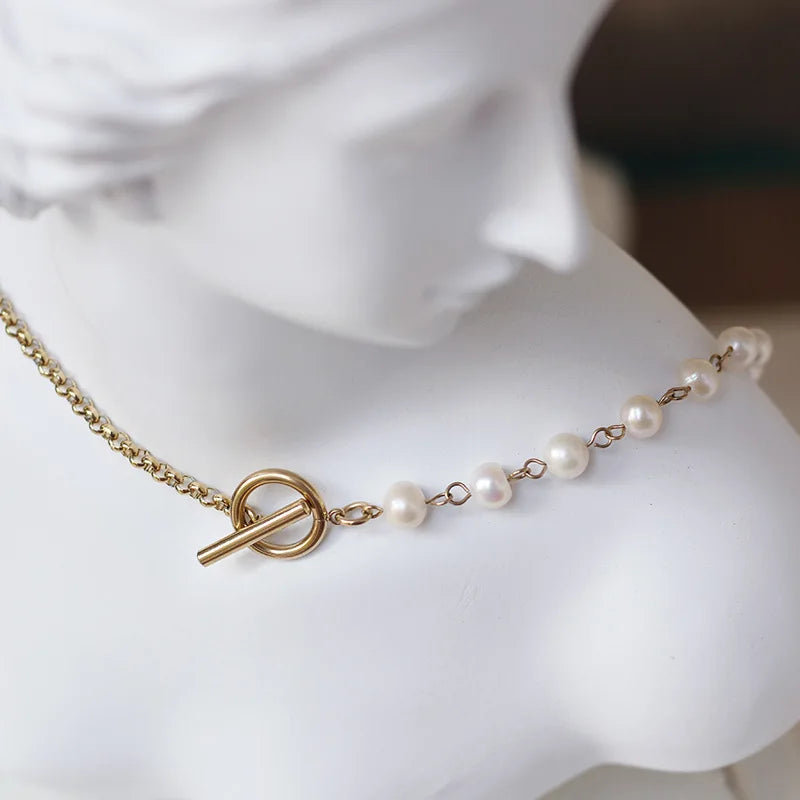Handmade 2020 Natural Freshwater Pearl Cuff Bracelet and Necklace Set Stainless Steel Chain Stylish Trendy for Anniversary