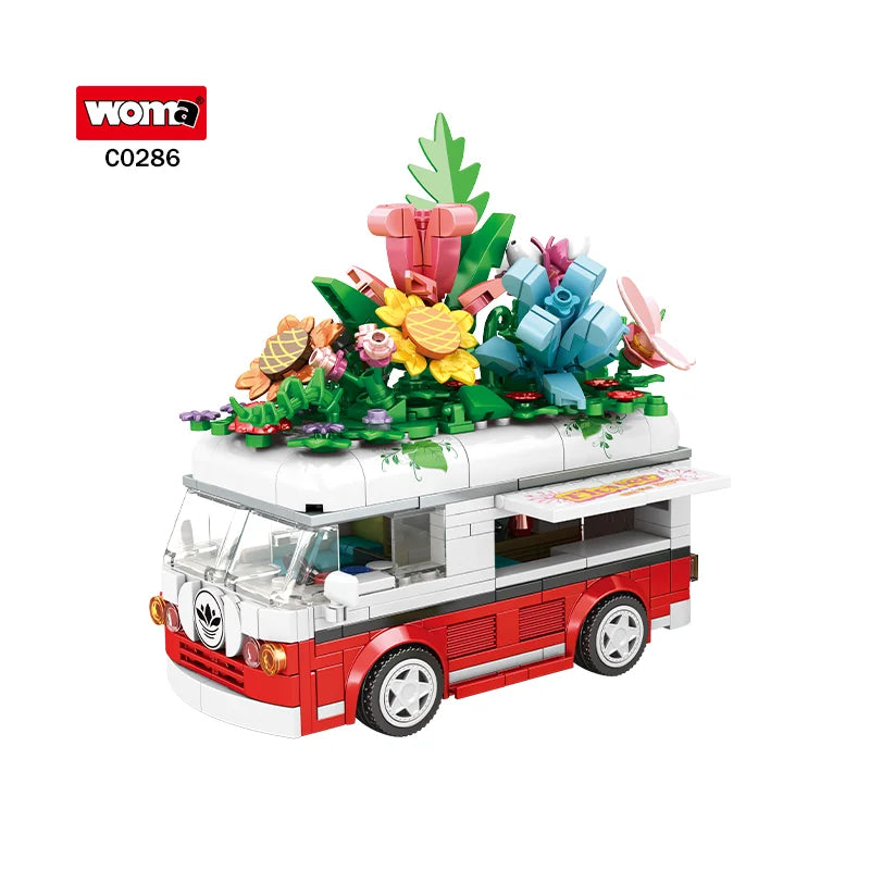 WOMAT TOYS C0286 Creative Educational Toy Building Set with Play Set Flower Bus and Toy Blocks