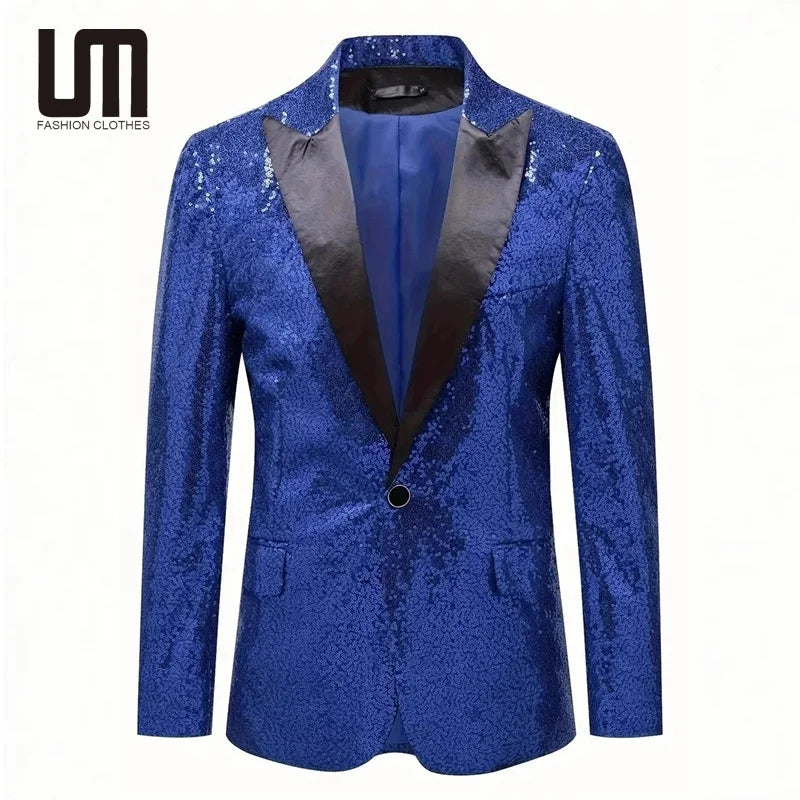 Custom logo New Arrivals Shiny Sequin Men Suits Jacket Stage Performance Coat V Neck Single Button Blazers