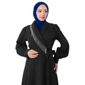 2024 Eid Ramadan Modest Polyester Robe for Women Turkish Style Dubai Kaftan Evening Dress with Tassel Rhinestone for Ramadan Eid
